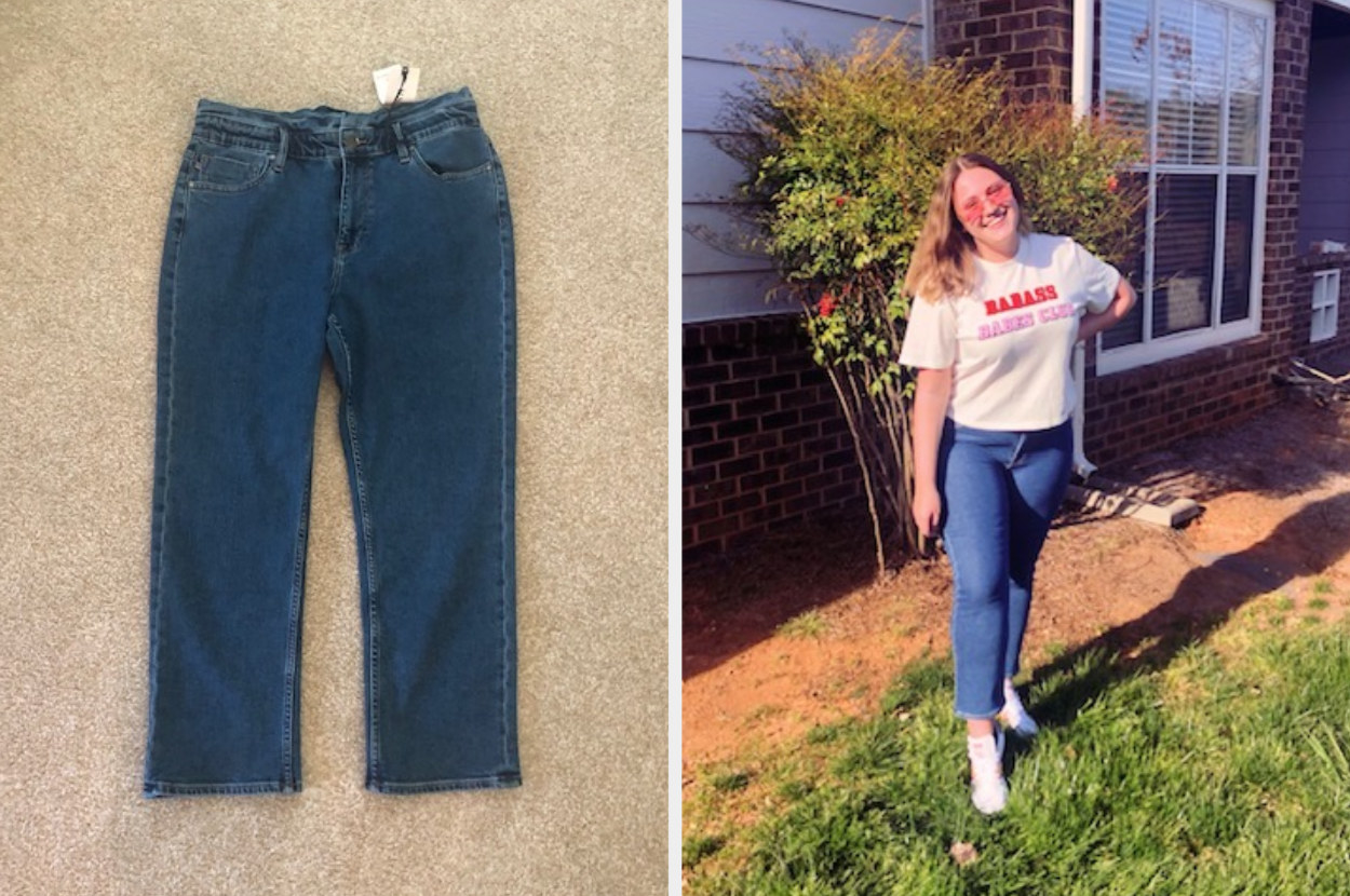 Jeans, next to a woman wearing the jeans and a t-shirt