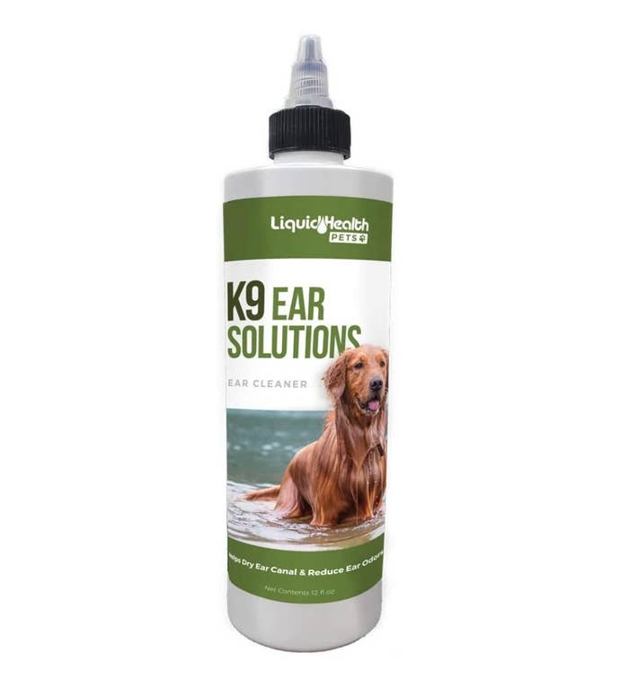 The K9 ear solution in a white bottle with a green label