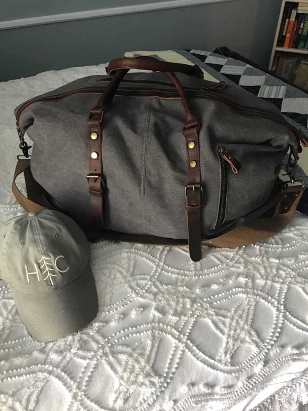 The duffel in the color Gray