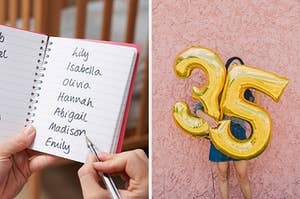 On the left, someone holding a notebook with a list of names written inside, and on the right, someone holding two balloons that make the number 35