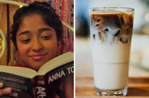 On the left, Devi from "Never Have I Ever" lying in bed and reading a book, and on the right, an iced coffee in a glass