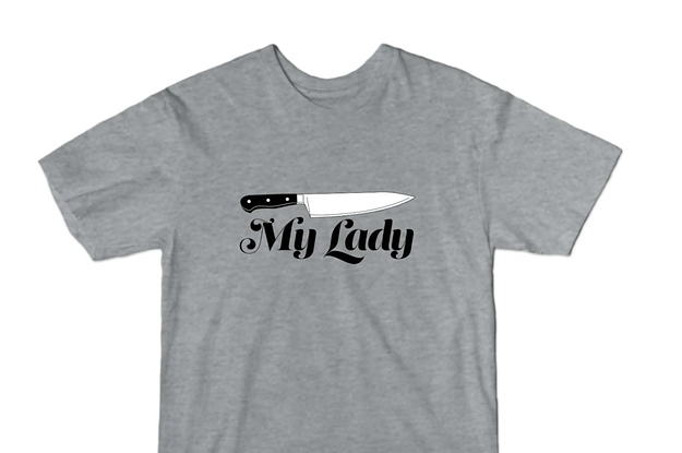 Gray t-shirt with knife graphic and the words
