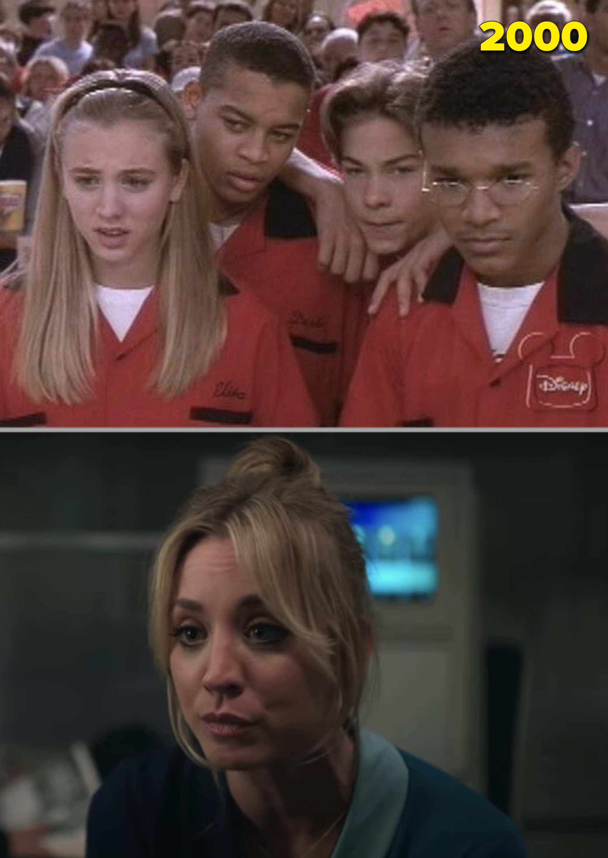 Kaley in a red bowling outfit and then her in a flight attendant uniform
