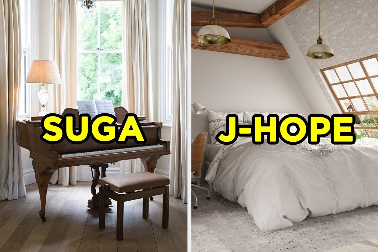 Piano with the word &quot;Suga&quot; and white bedroom with word &quot;J-Hope&quot; 