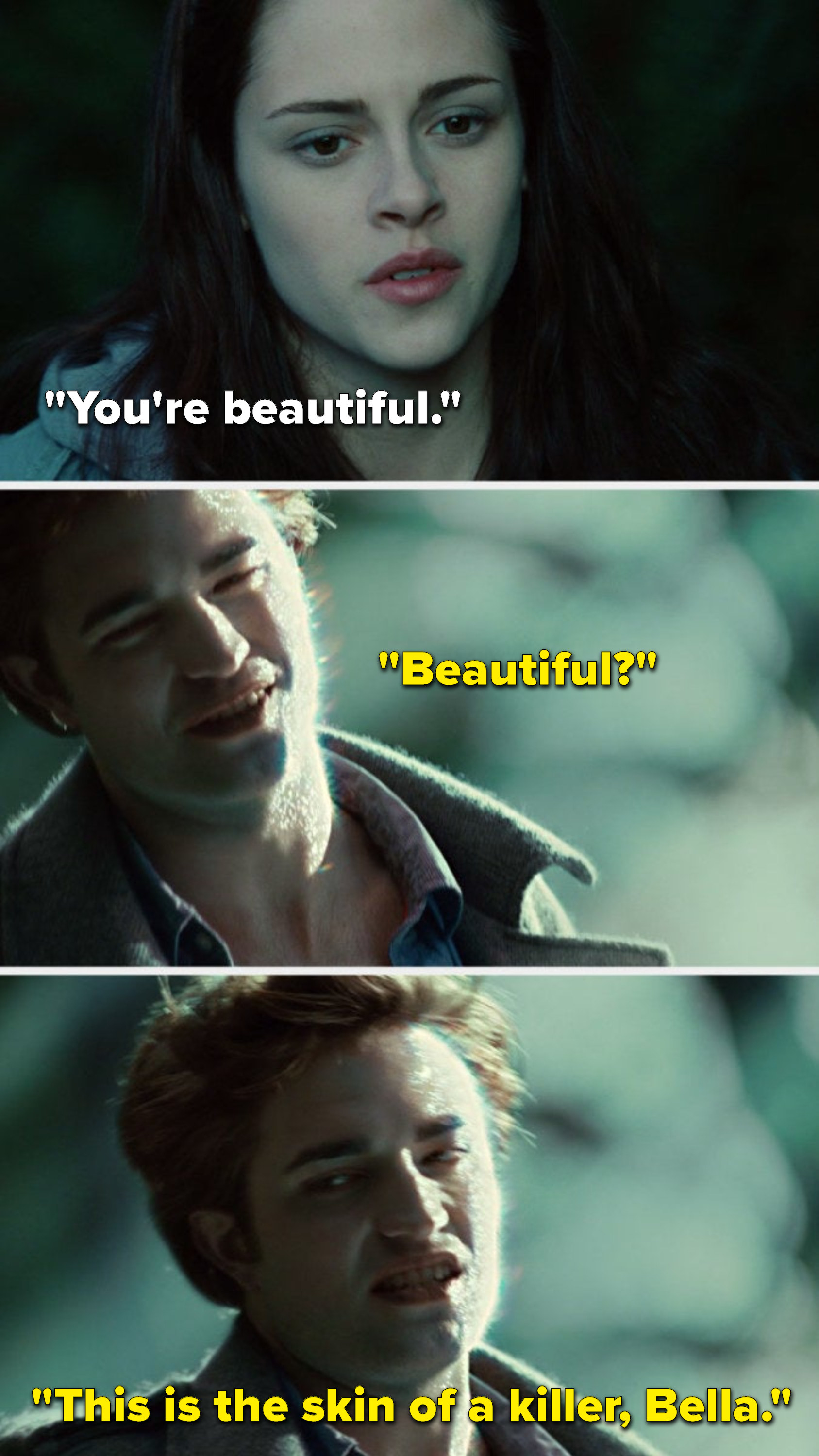 Bella says, &quot;You&#x27;re beautiful,&quot; and Edward says, &quot;Beautiful, this is the skin of a killer, Bella&quot;