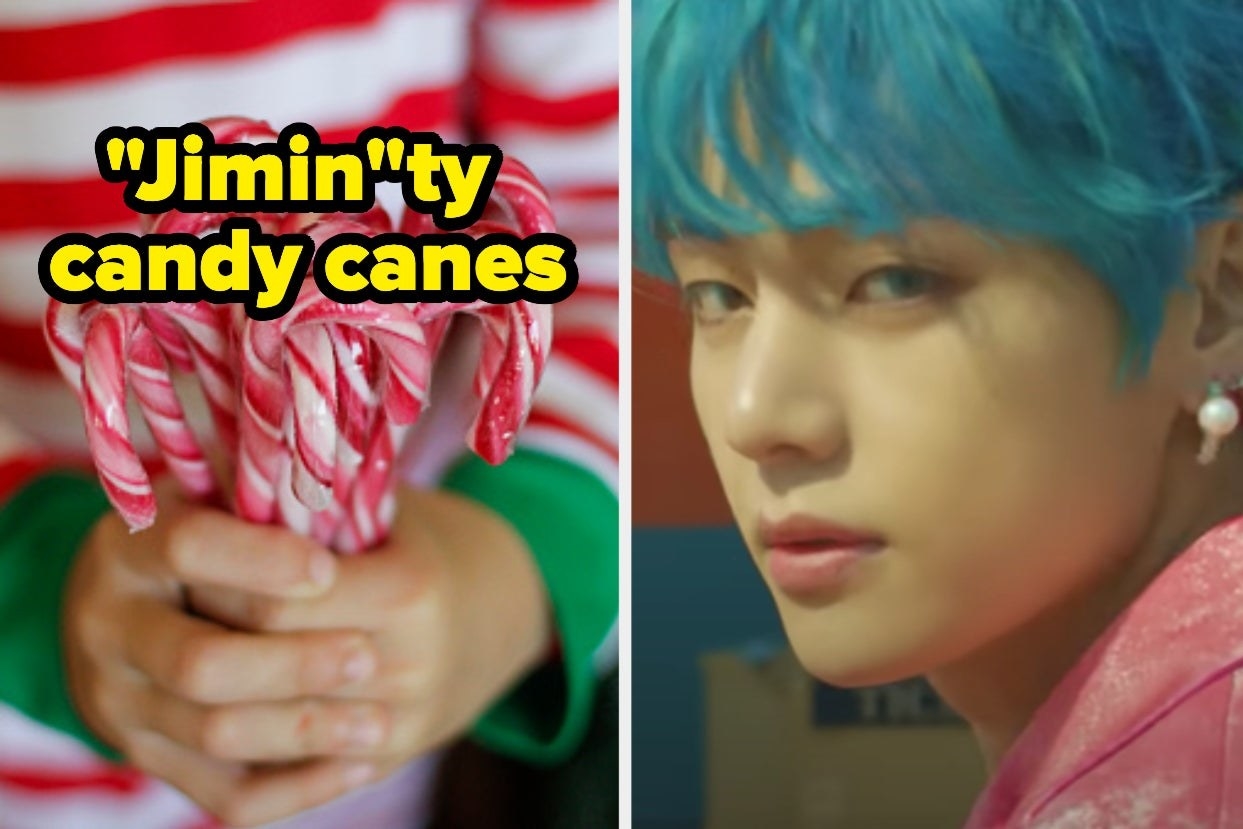 A bunch of candy canes are on the left labeled, &quot;Jiminty candy canes&quot; with a side profile of a BTS member on the right 