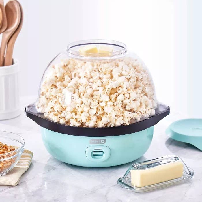 The aqua-blue Dash popcorn maker