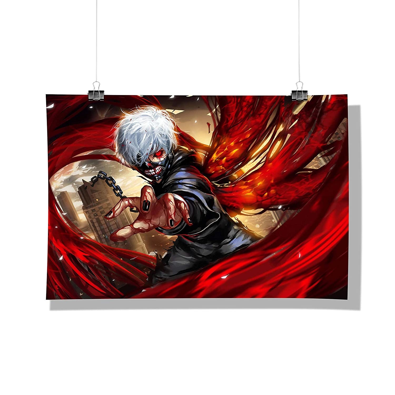 A Tokyo Ghoul poster with red, black and golden accents.