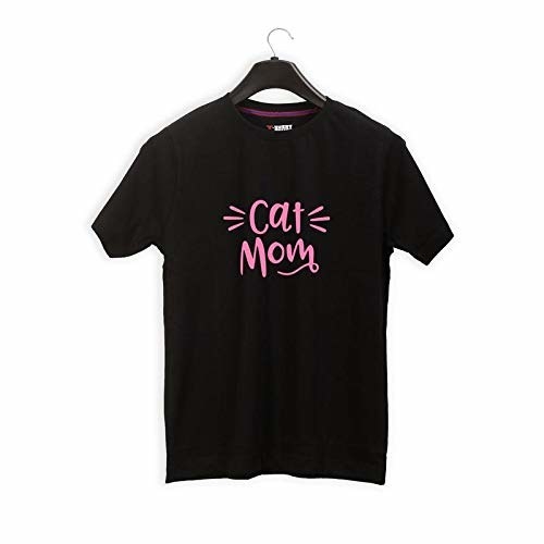 A black t-shirt with the words &#x27;Cat Mom&#x27; in pink.