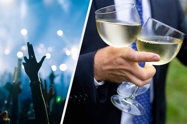 split image of a concert with people raising their hand on the left and a man holding a two cups of champagne on the right