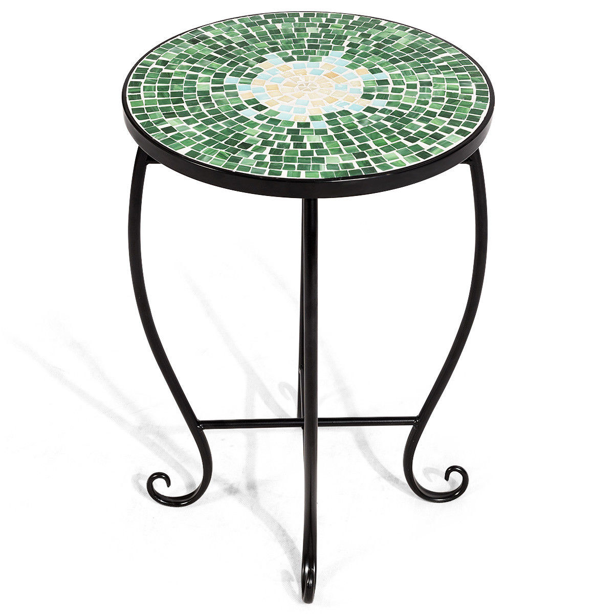 round side table with black metal legs and mosaic top in green, blue, and yellow design