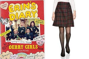 The thumbnail is split into two images. The first image is a book, Erin's Diary, by Lisa McGee. The second image is a person wearing maroon plaid skirt with black netted stockings.