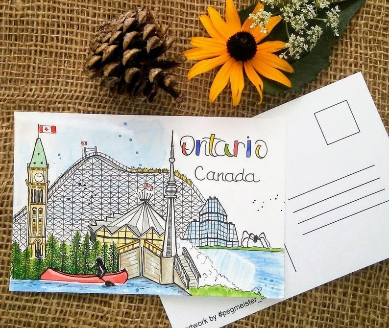 A postcard with a drawing of the CN Tower, parliament, the National Art Gallery and more landmarks
