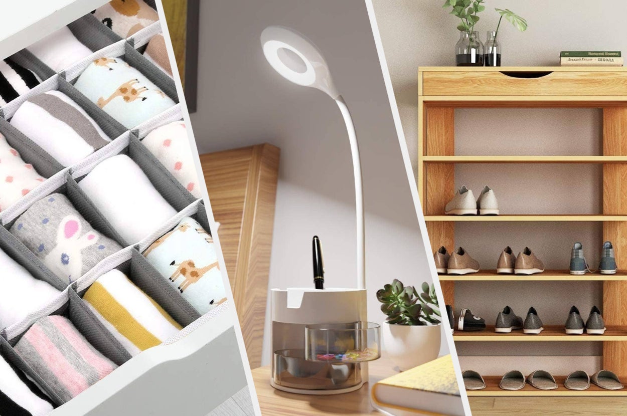 A drawer organizer, side lamp with organizer base, and a shoe rack entryway organizer