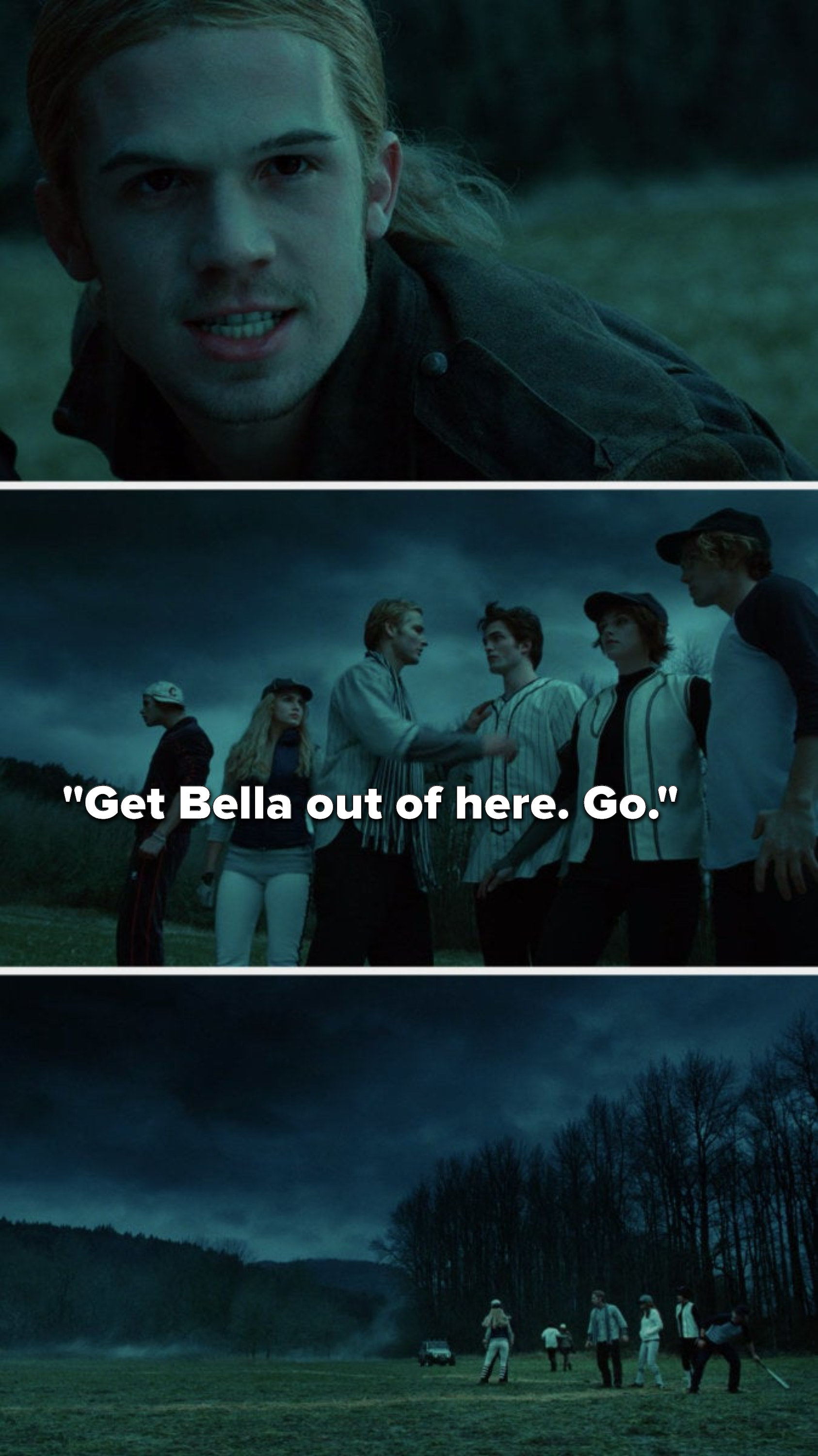 The bad vampire glares at Edward, Carlisle says, &quot;Get Bella out of here, go,&quot; and Bella and Edward run toward the car