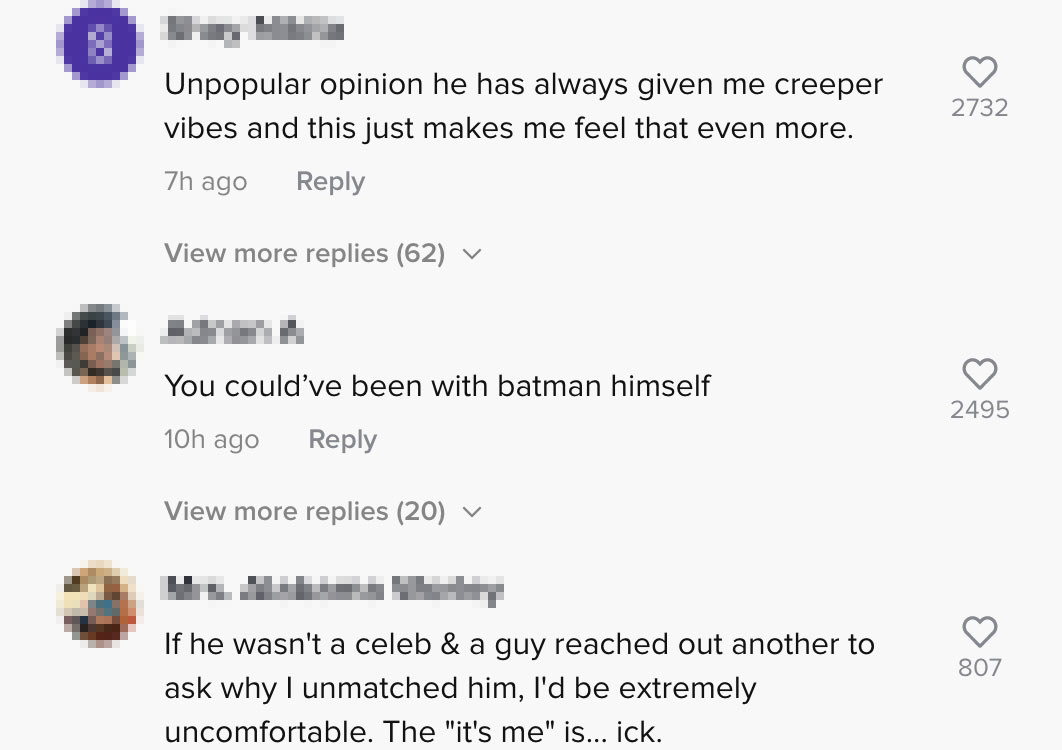 A screenshot of comments saying Ben gives creeper vibes and the video makes them uncomfortable