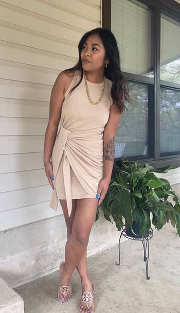 front view of a different reviewer wearing the dress in beige
