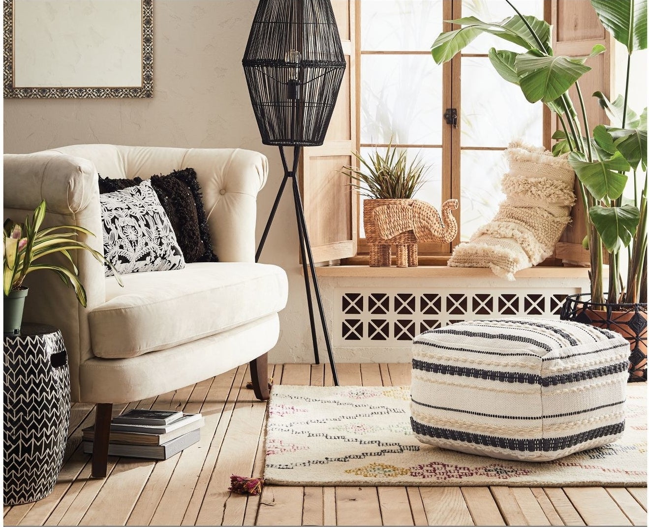 A textured pouf in a boho living room 