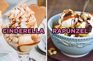 在左边，一个焦糖Sundae上面有一个心形晶圆上面标记为“灰姑娘”，右侧，冰淇淋圣代冰淇淋和焦糖调味汁和花生在标有“rapunzel”上
