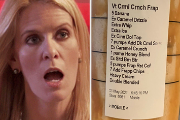 one of the real housewives looking shocked, and a close up of the starbucks order