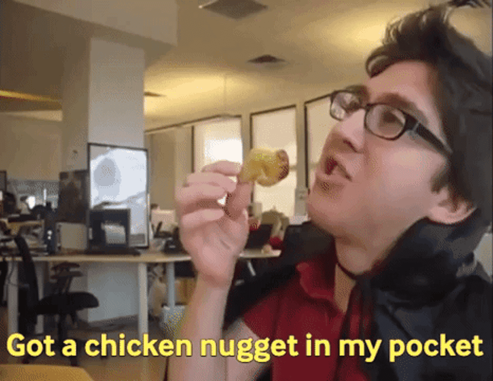 Amir from Jake and Amir singing &quot;got a chicken nugget in my pocket&quot; while holding a chicken nugget