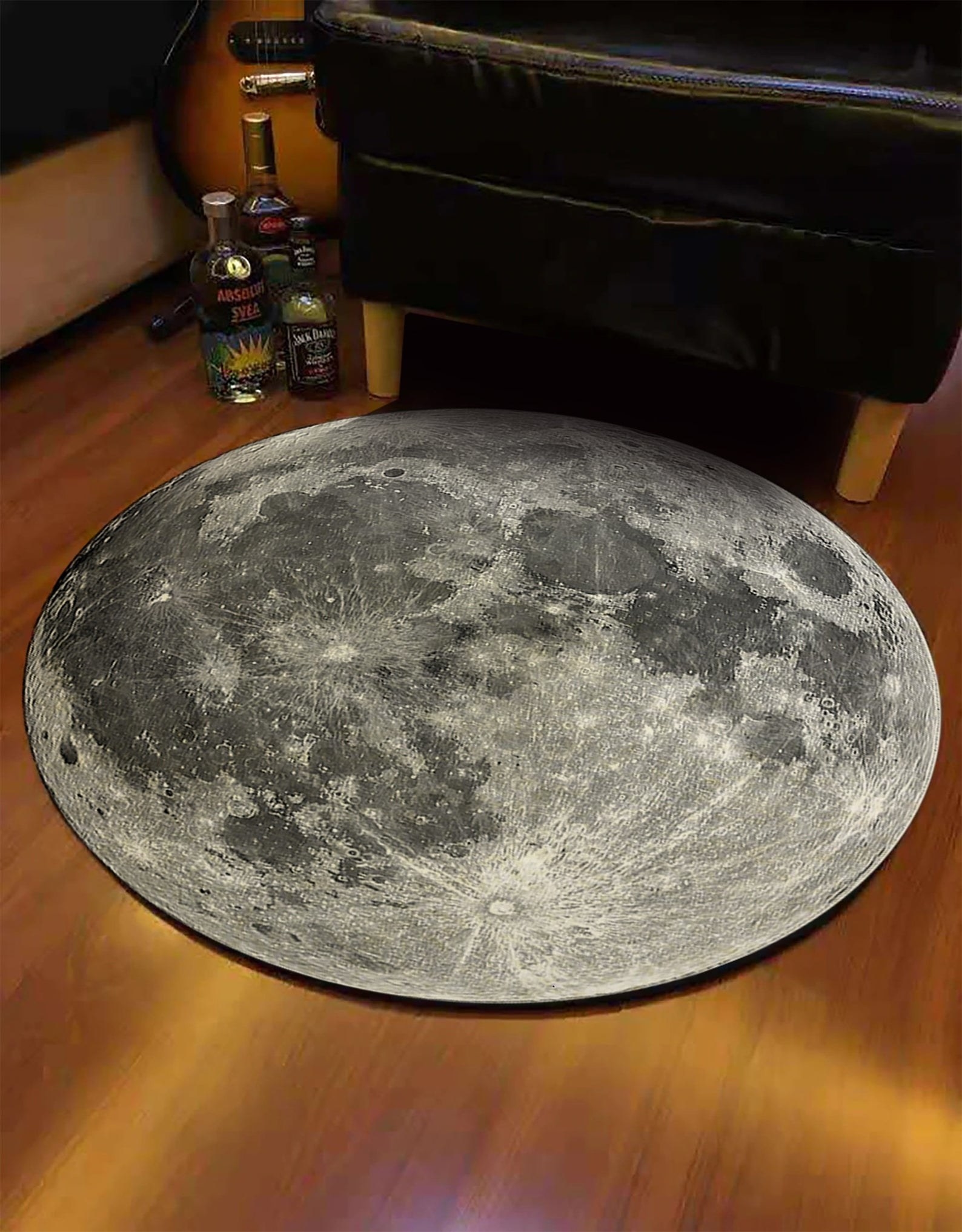 the 3D moon rug on a wooden floor