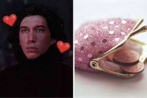 kylo ren on the left surrounded by hearts and a tiny pink coin purse on the right