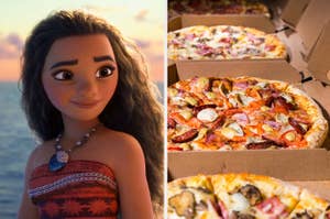 Moana is on the left with three boxes of pizza on the right