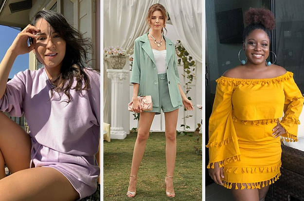 a reviewer in a purple loungewear set; a model in a green blazer set; a reviewer in a yellow fringed top and skirt set
