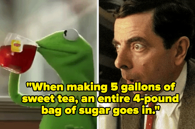 Kermit drinking tea and Mr. Bean looking shocked with the caption