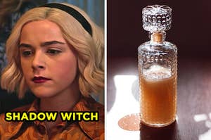 On the left, Kiernan Shipka as Sabrina Spellman in "Chilling Adventures of Sabrina" labeled "Shadow Witch," and on the right, a potion in a vial in the sunlight