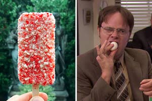 On the left, a strawberry shortcake ice cream bar, and on the right, Dwight from 