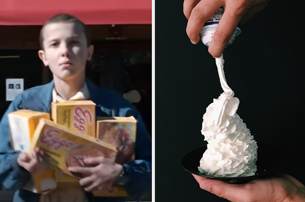 Eleven is on the left holding waffles with whipped cream on the right