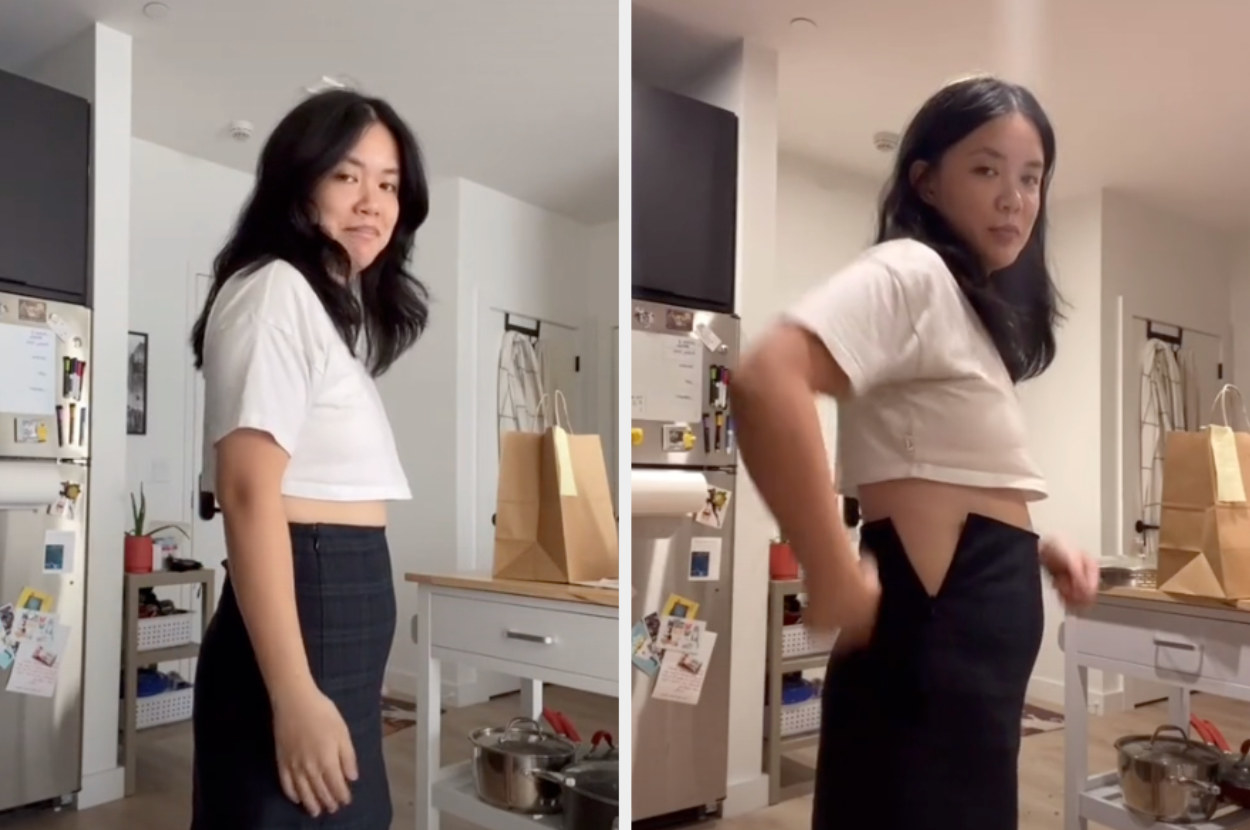 A different woman showing herself in a skirt and crop top before and after eating