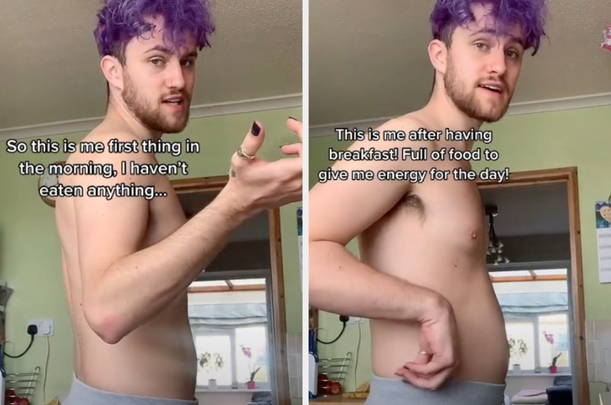 A shirtless man showing himself before and after eating