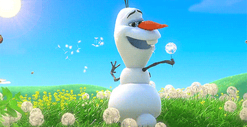 Olaf from frozen dancing in a field of flowers