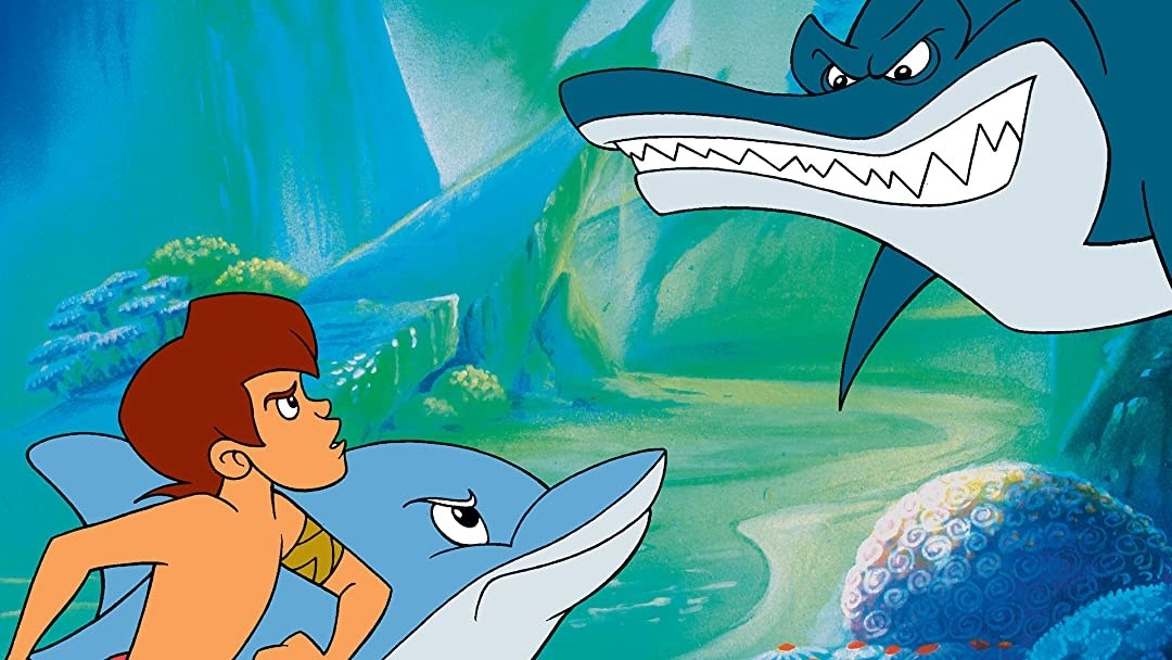 Lopaka and Flipper standing off against a mean shark