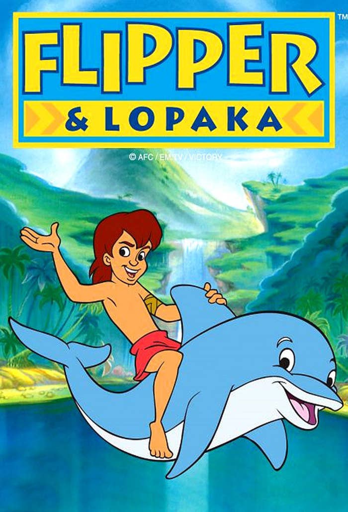 A poster of Flipper And Lopaka, showing a young boy on top of a dolphin