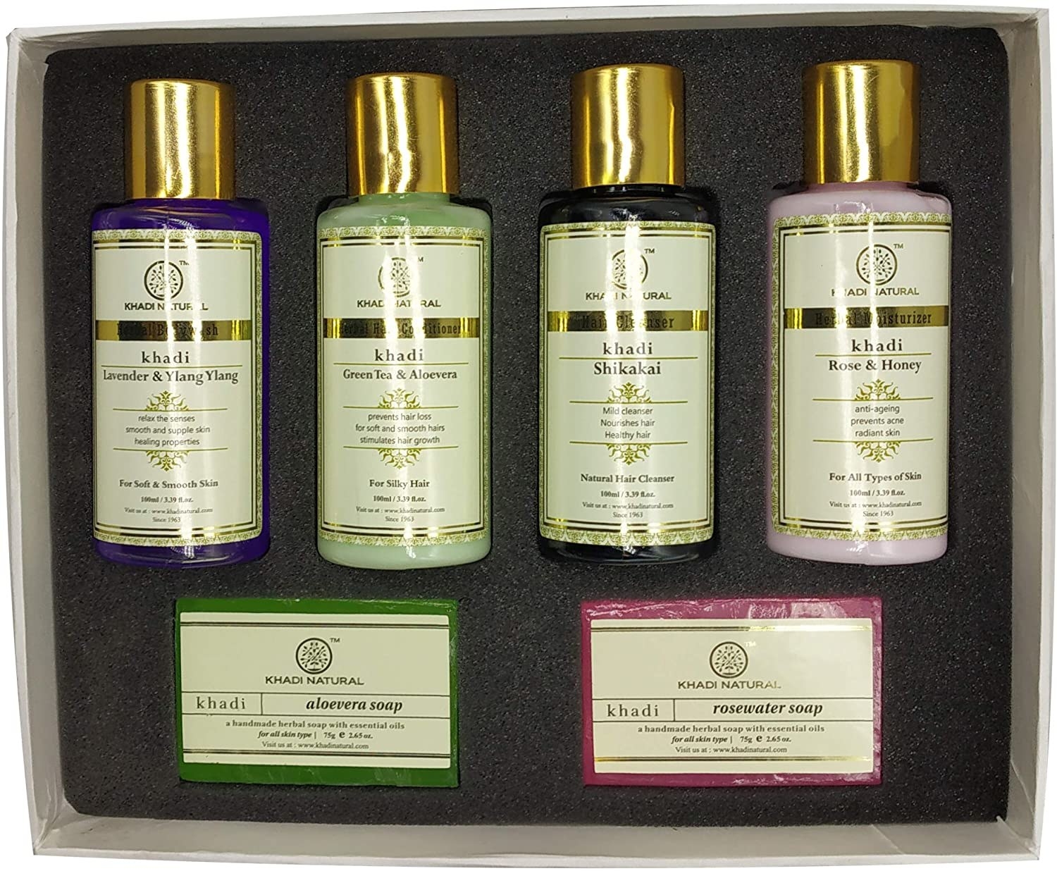A Khadi Naturals gift set with bath items in it 