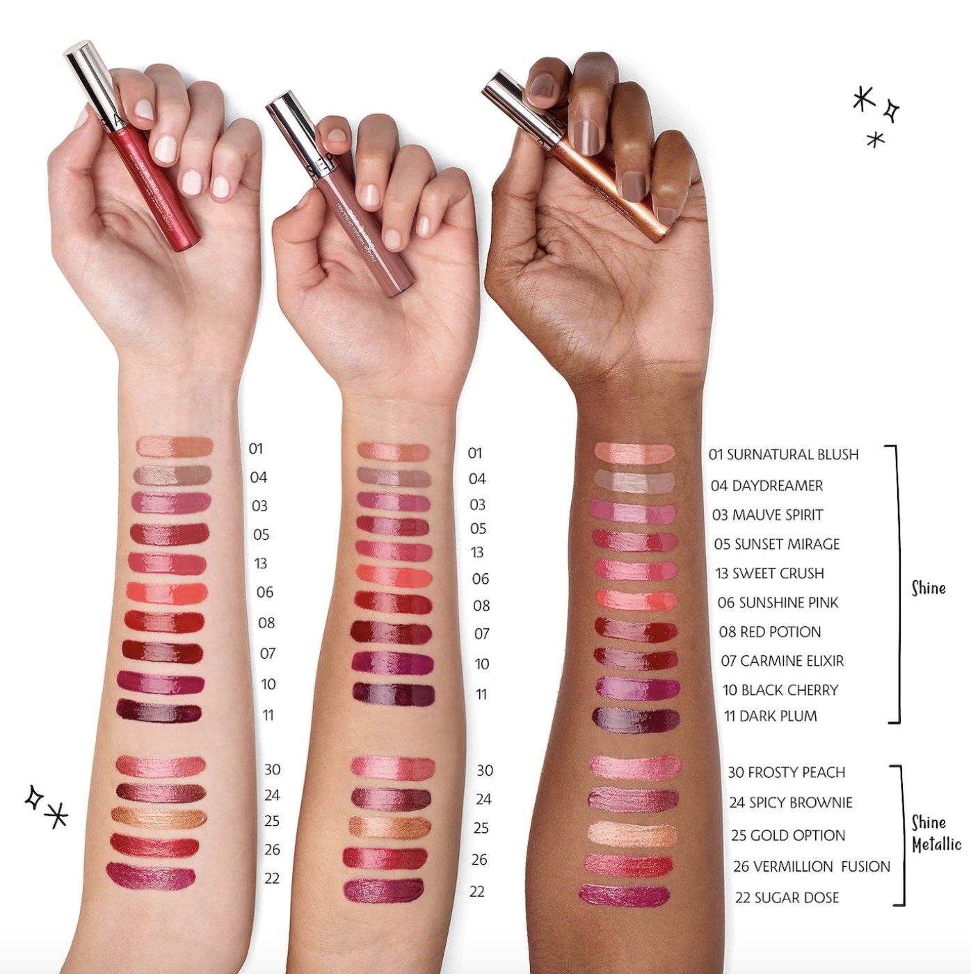 all the shades of the lipsticks swatched on three different skin colors 