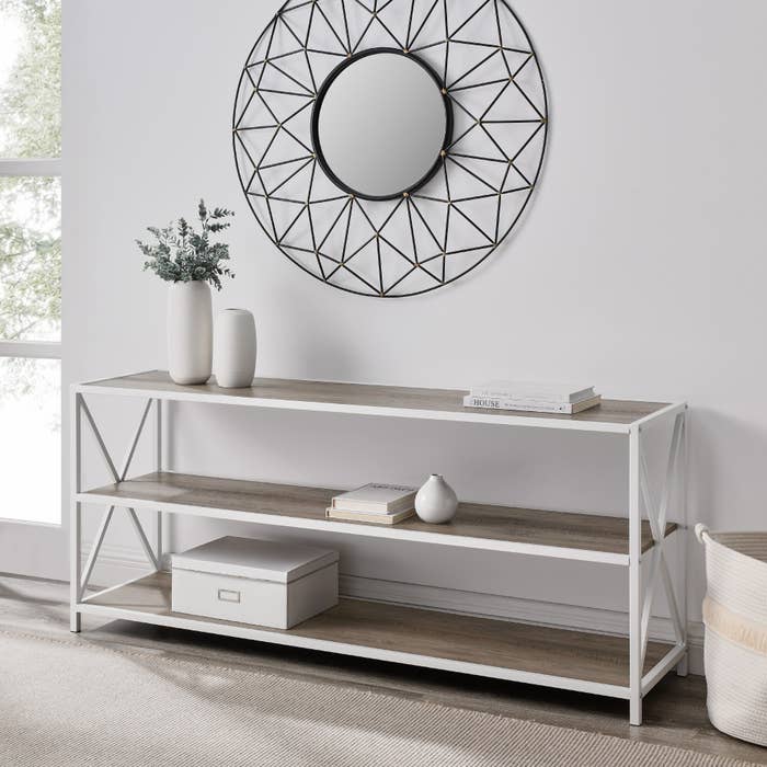 the white and gray tv stand