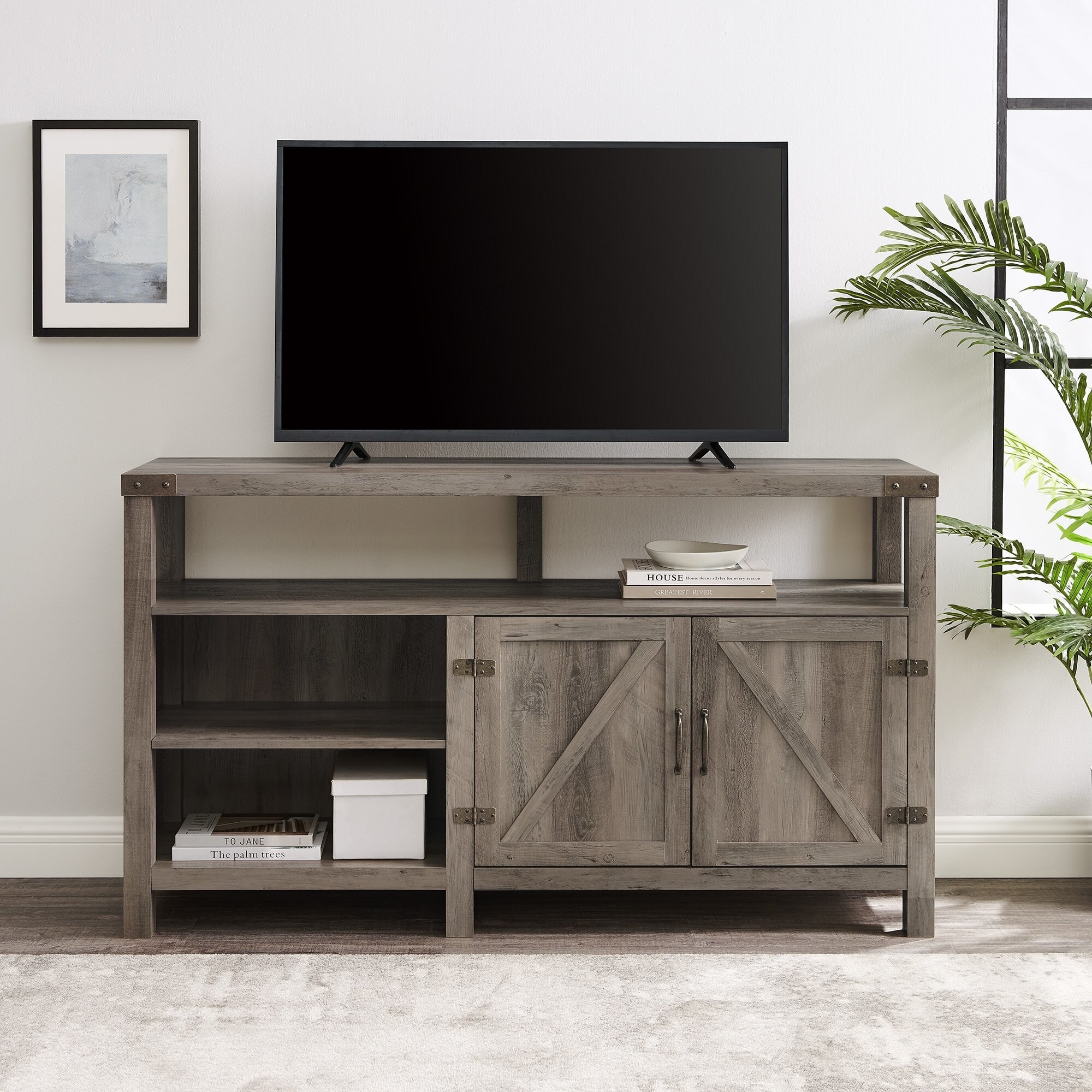 the gray wash tv stand with tv on top