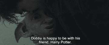 Harry cuddles Dobby as he says, &quot;Dobby is happy to be with his friend, Harry Potter&quot;