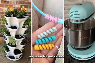 on left reviewer photo of vertical planter, in middle reviewer photo of pastel cable menders, on right reviewer photo of blue stand mixer 
