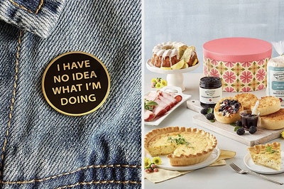 to the left: an enamel pin that says I have no idea what I'm doing, to the right: a brunch set up