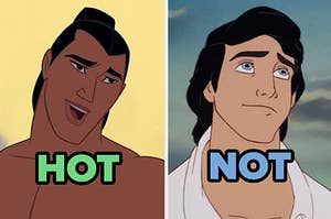 li shang with hot written over him and prince eric with not written over him