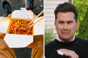 On the left, some pad Thai in a takeout box with chopsticks in it, and on the right, David Rose from "Schitt's Creek" contorting his face in disgust