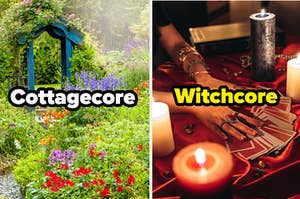 A garden is on the left labeled, "Cottagecore" with someone on the right dealing cards labeled, "Witchcore"