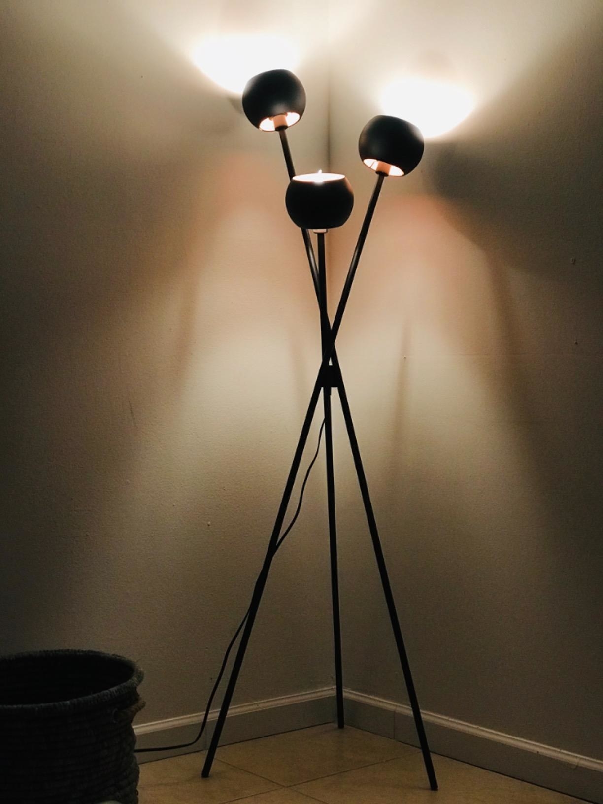 reviewer image of the archiology black modern floor lamp turned on in the corner of a room