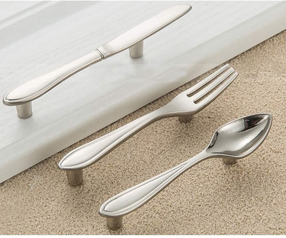 the silver knife, fork, and spoon cabinet door handles